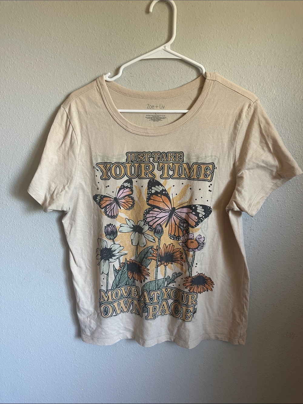 Zoe + Liv Cream Short Sleeve Tee with Butterfly & Floral Graphic